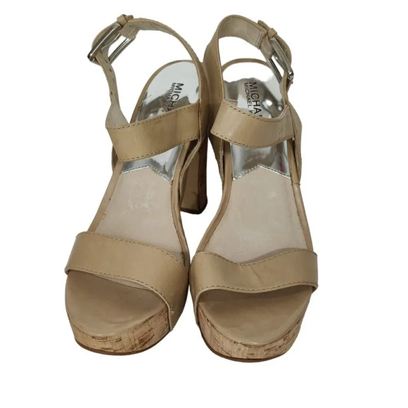 Michael Michael Kors Tan Platform Block Cork Heels Sandal Women Size 8.5 M FLAW - Picture 3 of 10